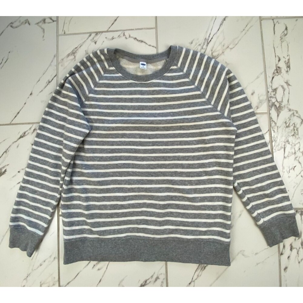 Old Navy Womens Medium Grey White Striped Fleece Crewneck Sweatshirt Pullover - Picture 1 of 7
